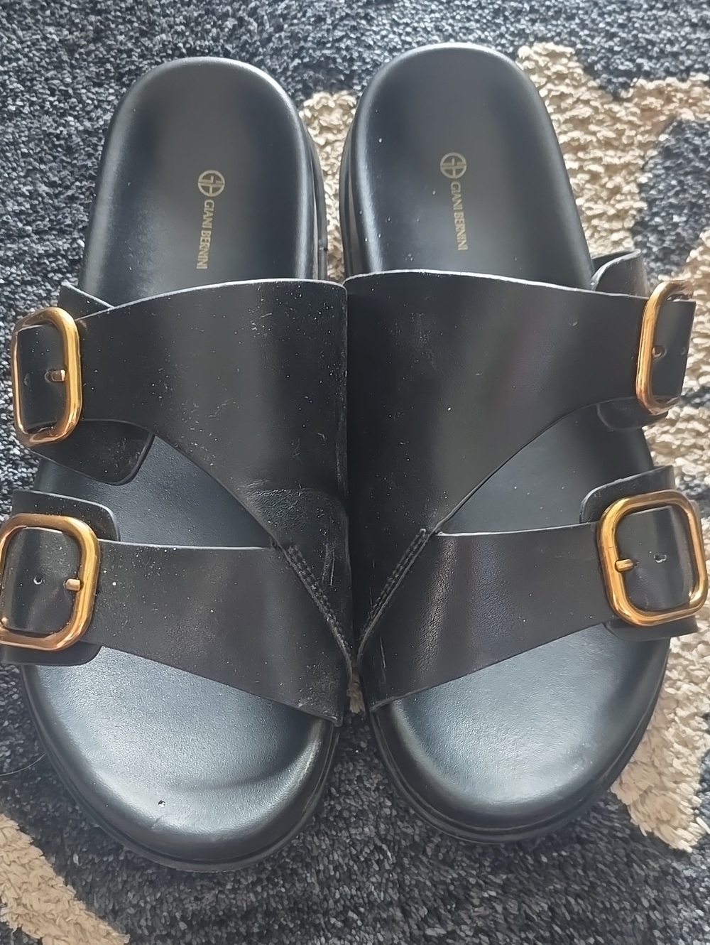 Giani Bernini Black Slide Sandals with Gold Buckles